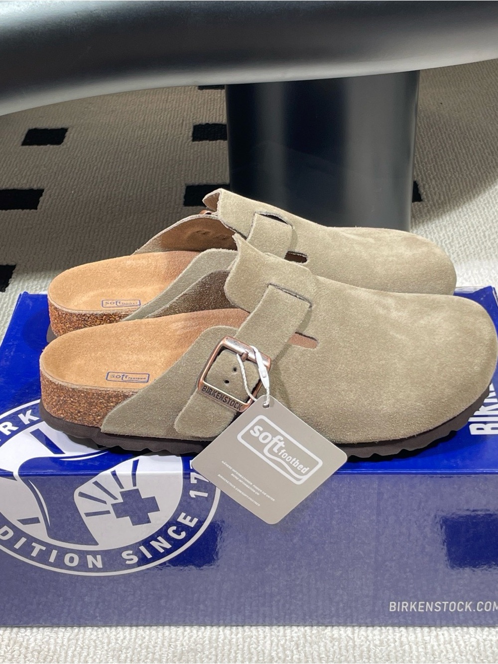 Birkenstock Boston taupe suede mule clogs